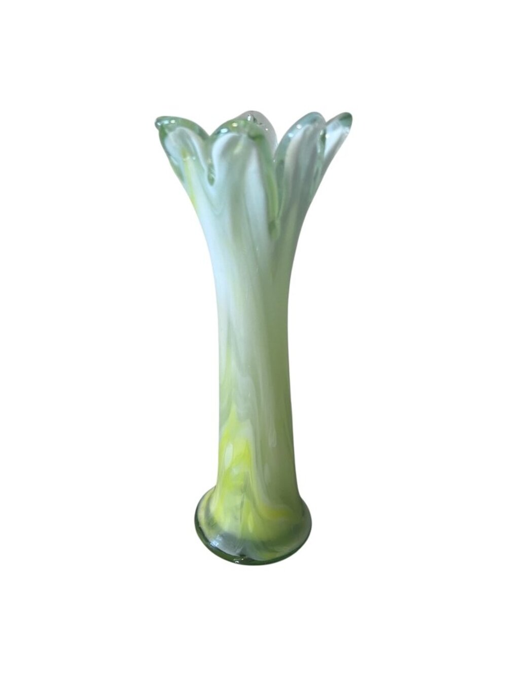 Hand Blown Art Glass Bud Vase 8.5" Yellow Green White Swirled Design Ruffled Rim